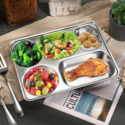 Acero Inoxidable Rectángulo 5 Compartimentos Lunch Plato 2pz