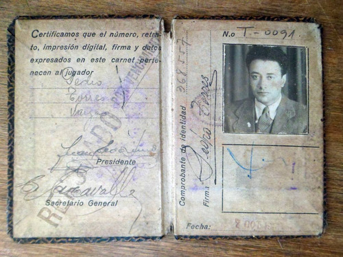 Antiguo Carnet Acceso Jugador Futbol Año 1940