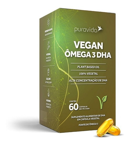 Ômega 3 Vegan Dha 500mg Puravida 60 Cáps 100% Vegano +brinde