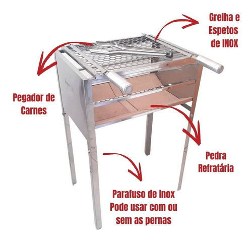 Churrasqueira De Inox Com Pedra Refrataria Grelha E Espetos