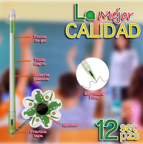 Imagen 3 de 9 de Set De 12 Plumas Aguacate Feliz Kawaii Tinta De Gel Mayoreo