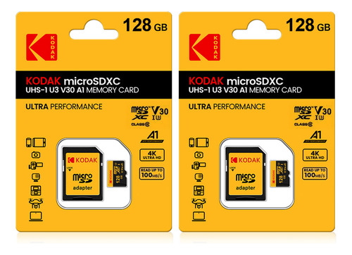 2 Piezas 128gb Tarjeta De Memoria Microsdxc Kodak U3 V30 A1