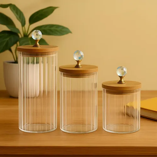 Kit  3 Porta Mantimento Vidro Canelado Âmbar Luxo Hermético