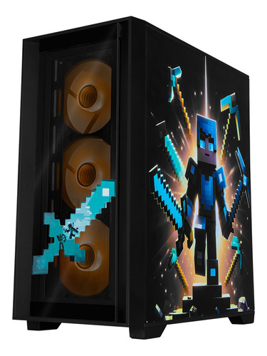 Gabinete Gamer Xtreme Pc Gaming Minecraft Steve Edition Micro Torre Micro Atx 4 Fan Argb Usb-c Cristal Templado Frente Intercambiable