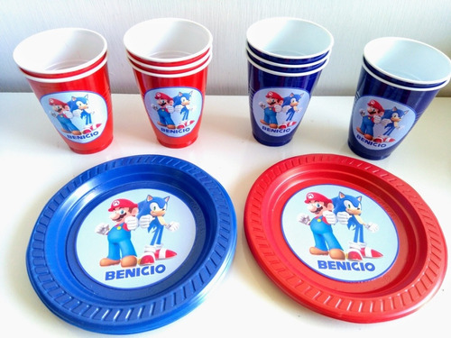 Mario Bros Sonic Vasos Platos Personalizados Cumpleaños 