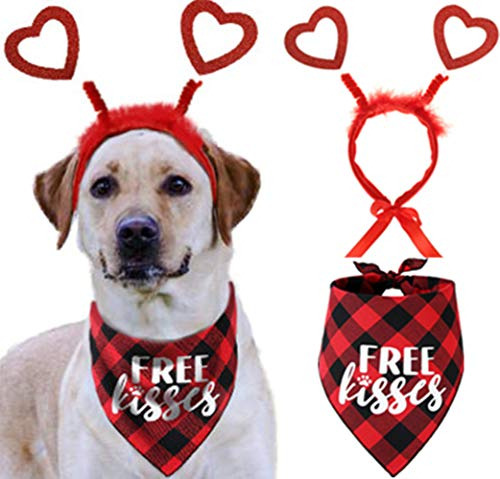 Pawskido Valentine Day Disfraz De Perro Para El Día De San Valentín, Diadema De Corazón Rojo Y Pañuelo Para Mascota A Cuadros De Búfalo