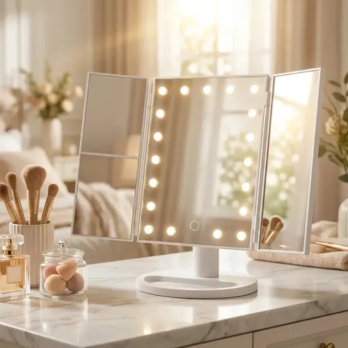 Espejo Maquillaje Mtl Tríptico Iluminación Led Portátil Base Reforzada Visión Amplia Detallada Diseño Moderno Elegante Color Blanco Ideal Rutinas Belleza Cuidado Facial Tocador Baño Dormitorio