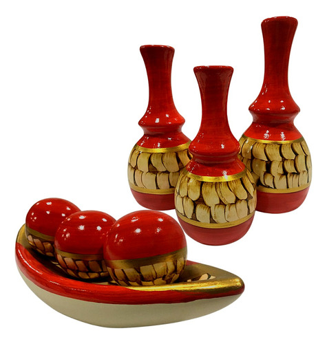 Jogo Ceramica Decorativo Centro Mesa Sala Enfeite Conjunto Cor Cristal Vermelho Mármore