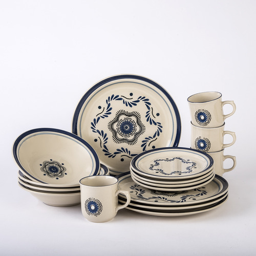 Vajilla De Porcelana Santa Anita De 16 Piezas Talavera Atlixco Color Blanco Y Azul