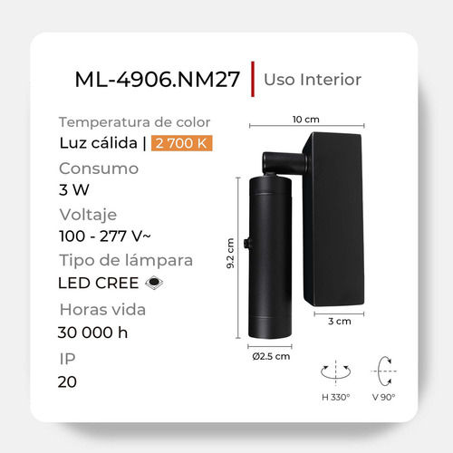 Lámpara Led De Lectura Ip20 3w Illux Ml-4906.nm27 Estructura Negro