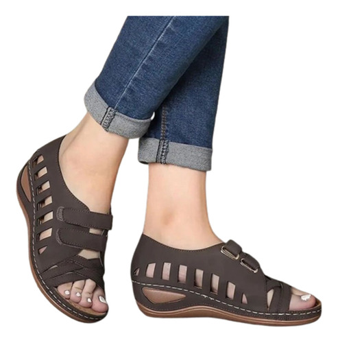 Sandalias De Cuña De Talla Grande Con Velcro Hueco Para Muje