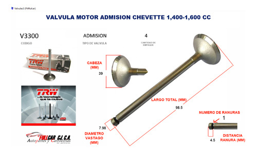 Valvula Admision Chevette 1.4-1.6 +3