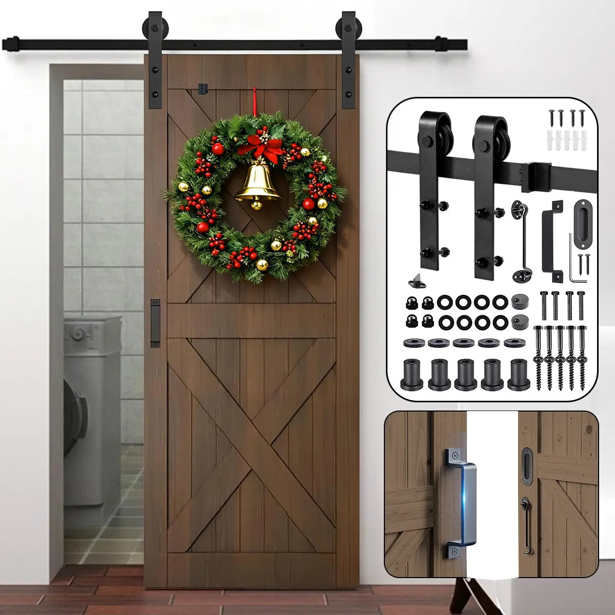 Juego de Riel para Puerta Corrediza de Granero 2m (6.6ft), Herraje de Acero Resistente para Puerta de hasta 150kg, Sistema Silencioso Fácil Instalación