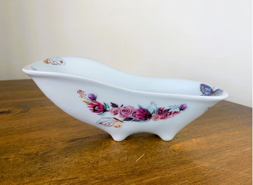 Porta Sabonete Banheira Porcelana Com Flor E Borboletas