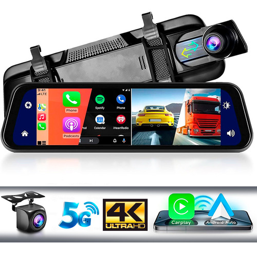 Retrovisor Con Camara Dual 4k Bluetooth Android Auto Gps