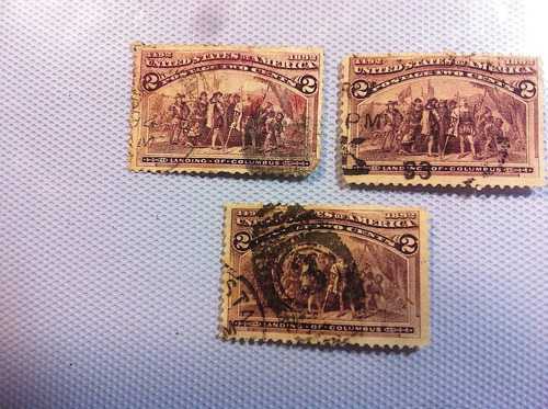 3 Timbres Postales Usa Estampillas Colón 2¢ 1892 Ex+