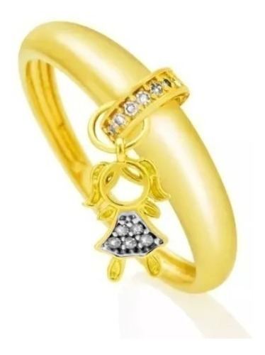 Anel De Ouro 18k/750 Pingente Menina C/ Diamantes P02