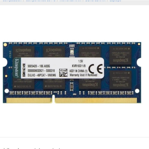 Imagen 1 de 1 de Memoria Ram Valueram 8gb 1x8gb Kingston Kvr16s11/8