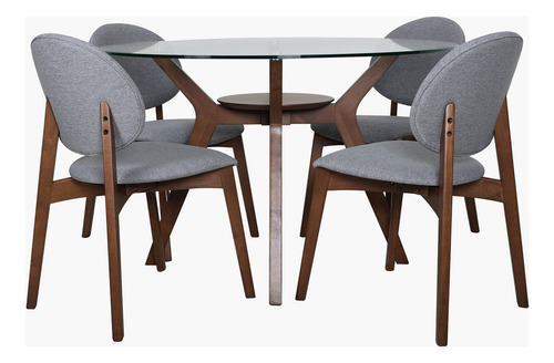 Juego Comedor Redondo Nogal Vidrio Templado 4 Sillas Diseño De La Tela De Las Sillas Liso Gris