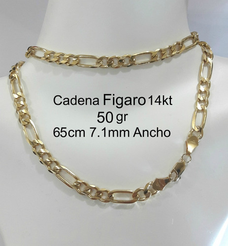 Cadena Figaro De Oro Macizo 14kt 50gr 65cm 7.1mm Ancho