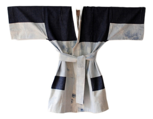 Bata Kimono Robe Diseño Denim  Forrado Estampado Mano Bambu