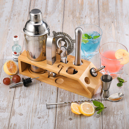 Set De Coctelera De 10 Piezas Con Estante De Bambú