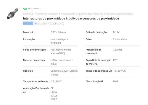 Sensor Indutivo M12 Pnp Balluf Bes M12mi-psc20b-s04g Bes0060