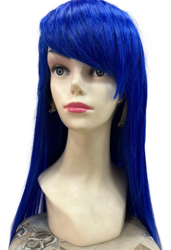 Peluca Lisa Con Flequillo Color Azul Largo 60