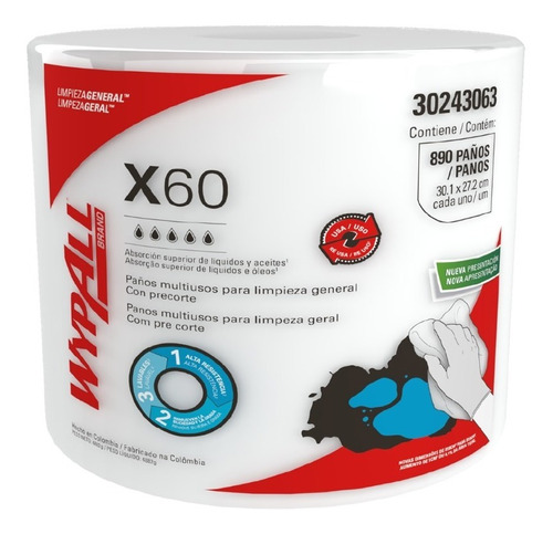 Paños X60 Wypall® Jumbo Roll Reutilizable - (890 Paños) Blanco