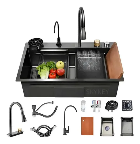 Fregadero de Cocina Negro de Acero Inoxidable 80x45 cm con 2 Compartimentos y Grifo Purificador