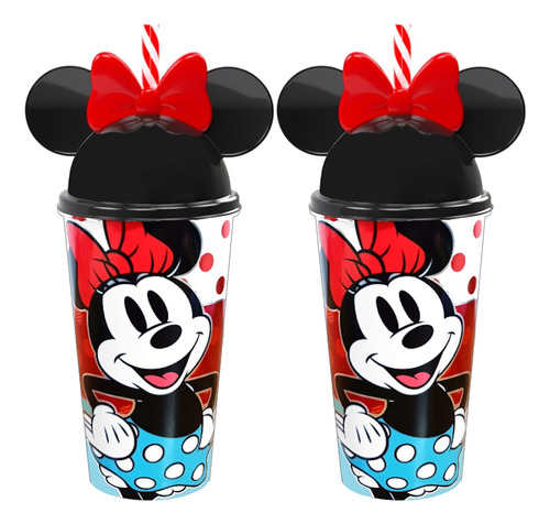 Copo Da Minnie Com Orelhas E Canudo Vermelho Kit 2 Unidades