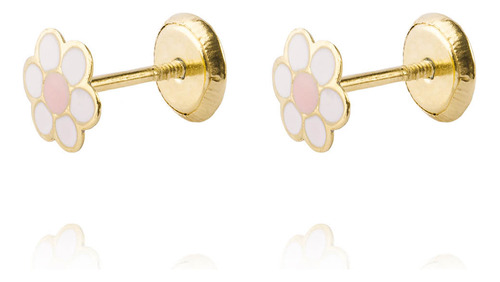 Aros De Oro 18kt Flor Esmaltada Punto Rosa