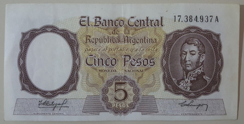 Argentina 1960 Billete 5 Peso Moneda Nacional A Bot. 1919 L1