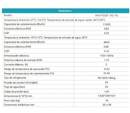Bomba De Calor P Alberca Hax 11,500 Btus Hasta Para 9m3 110v