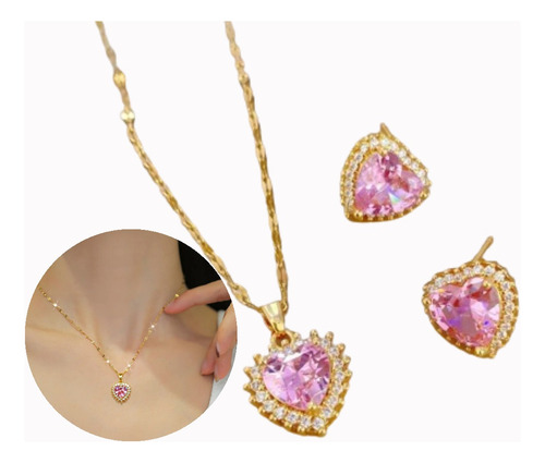 Set Collar Aretes Corazon Acero Inoxidable + Estuche