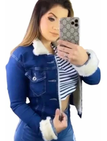 jaqueta jeans de pelinho feminina