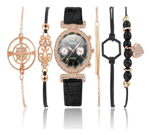 Set Reloj De Pulsera Negro Set Con 5 Pulseras