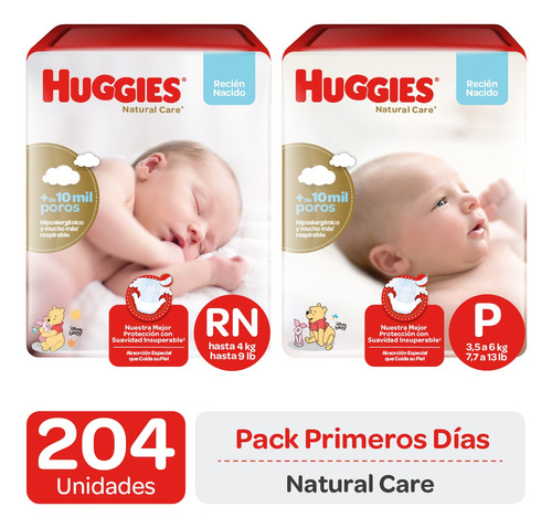 Pañales Huggies Natural Care Pack Primeros Días 204 Un