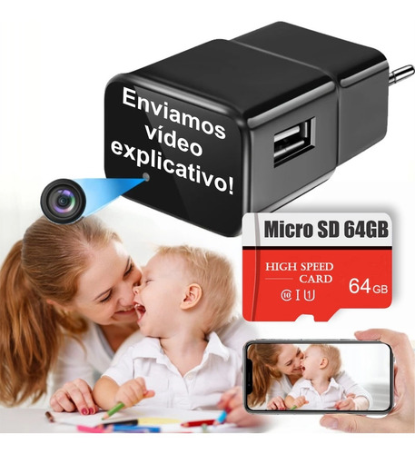 Câmera Espiã Carregador Usb, Full Hd, Wi-fi, + Micro Sd 64gb