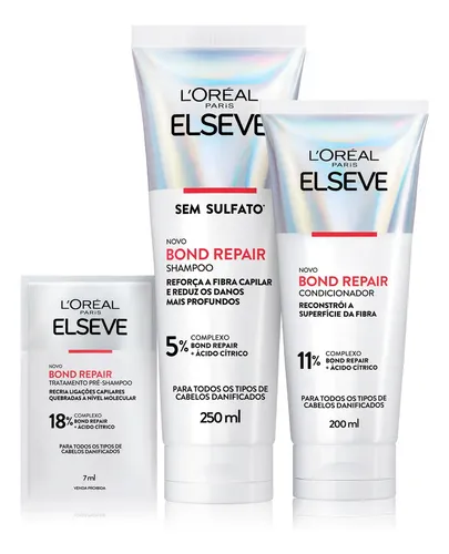 Kit Reparação Molecular com Ácido Cítrico para Cabelos Danificados Reconstrói Ligações Devolve Força (Shampoo + Condicionador + Sachê Pré-Shampoo) ...