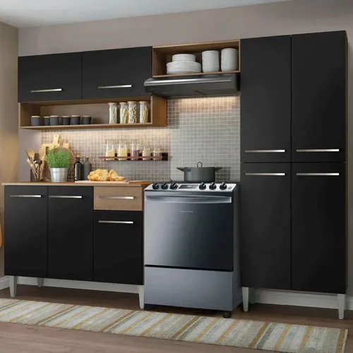 Armário de cozinha modulada completa compacta Emilly pop com armário e balcão cor rustic/preto