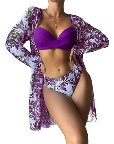 3 Piezas Conjunto De Playa Floral Bikini + Kimono Damas