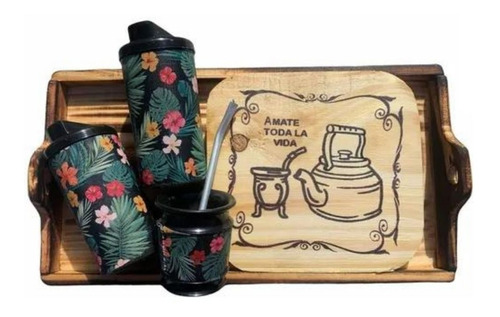 Imagen 7 de 10 de Bandeja Madera Porta Pava Juego Mate Yerbera Azucarera 40 Cm