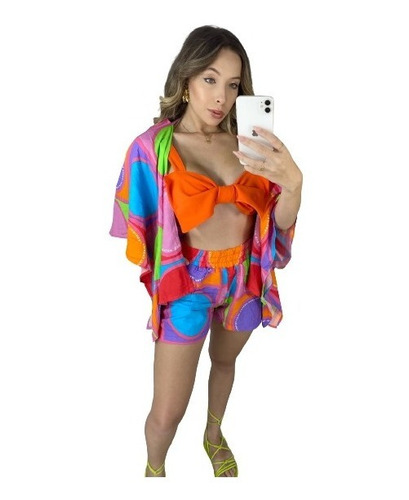 Conjunto Feminino 3 Pçs  Kimono + Short +top