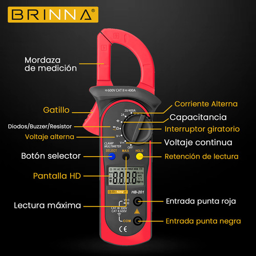 Pinza Amperometrica Brinna + Capacimetro Tester + Buscapolo