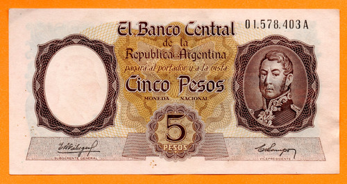 Billete 5 Pesos Moneda Nacional, Bottero 1919, Año 1960 Exc 