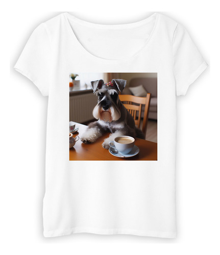 Remera Mujer Schnauzer En La Mesa De Desayuno Moño