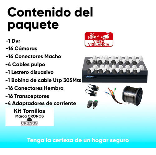 Kit Videovigilancia Cronos 16 Cámaras Dahua Bala B1A11 1MP Bobina Accesorios Kit CCTV KITXVR1B04-I-16CB DVR Dahua XVR1B16 Circuito Cerrado