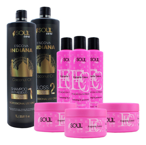 Soul Care Profissional Mascara Capilar Escova Progressiva Profissional Oleo de coco Plastica dos fios  Restauração Capilar, Antifrizz Kit 8 unidades  4 L