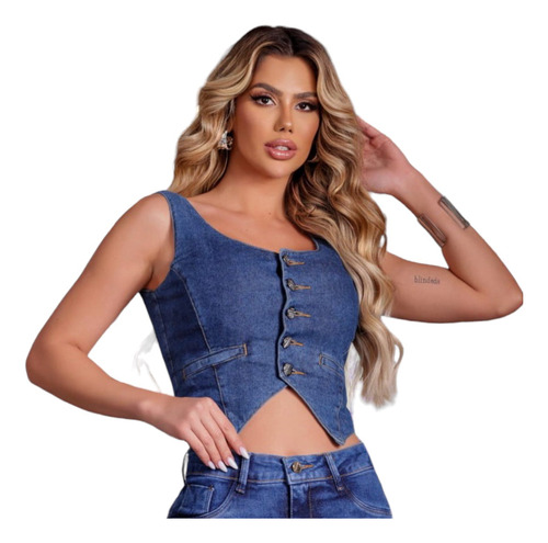 Mini Colete Jeans P Ao Gg Cropped Blusa Curta Com Alça